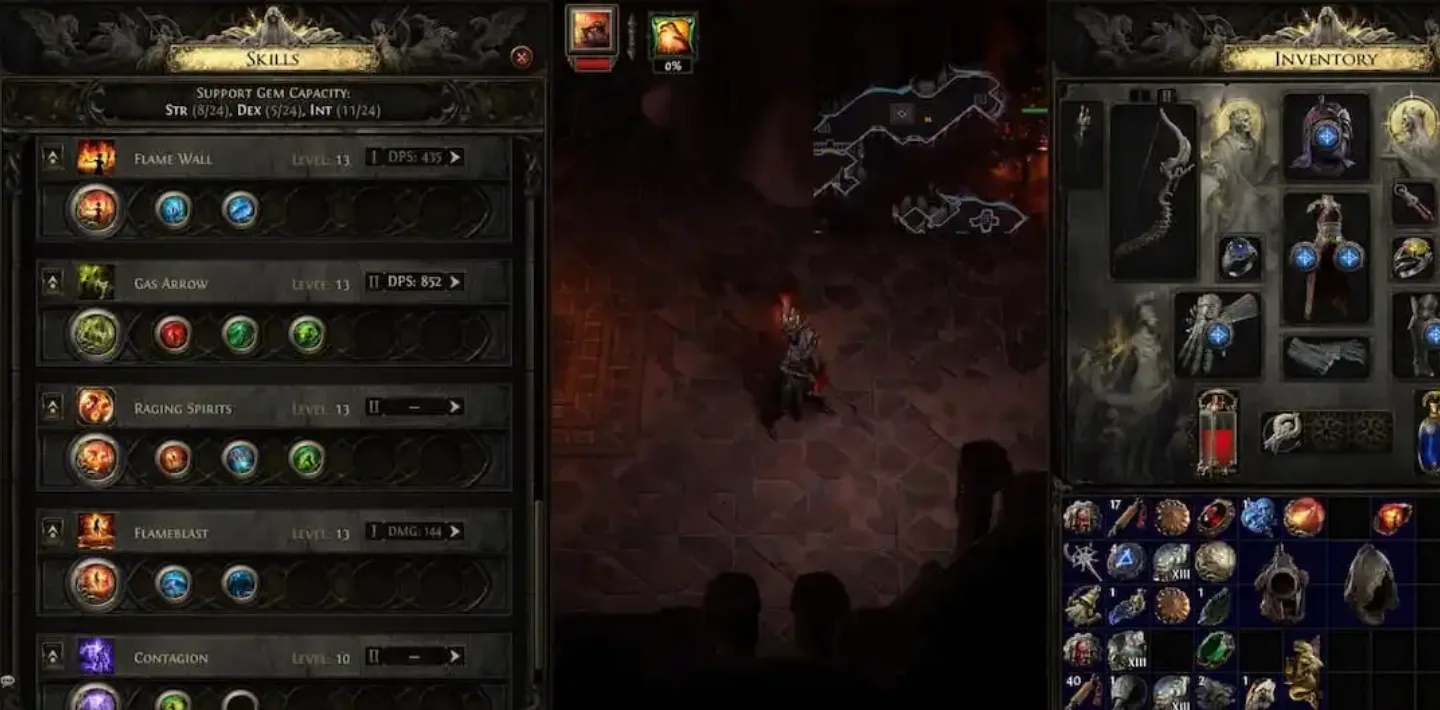 Skills Window showing active skills and support sockets
