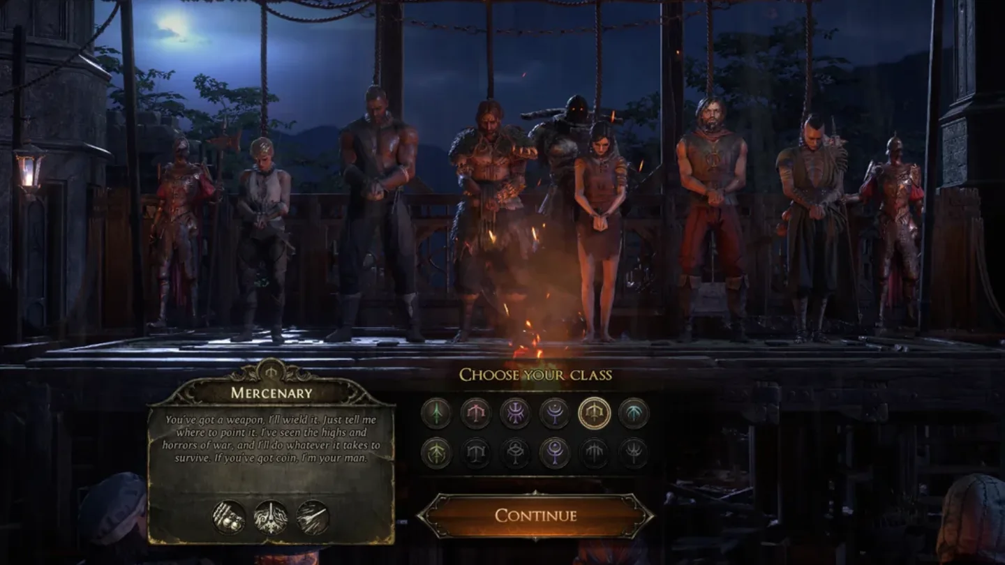 Character creation showing the eight released base classes