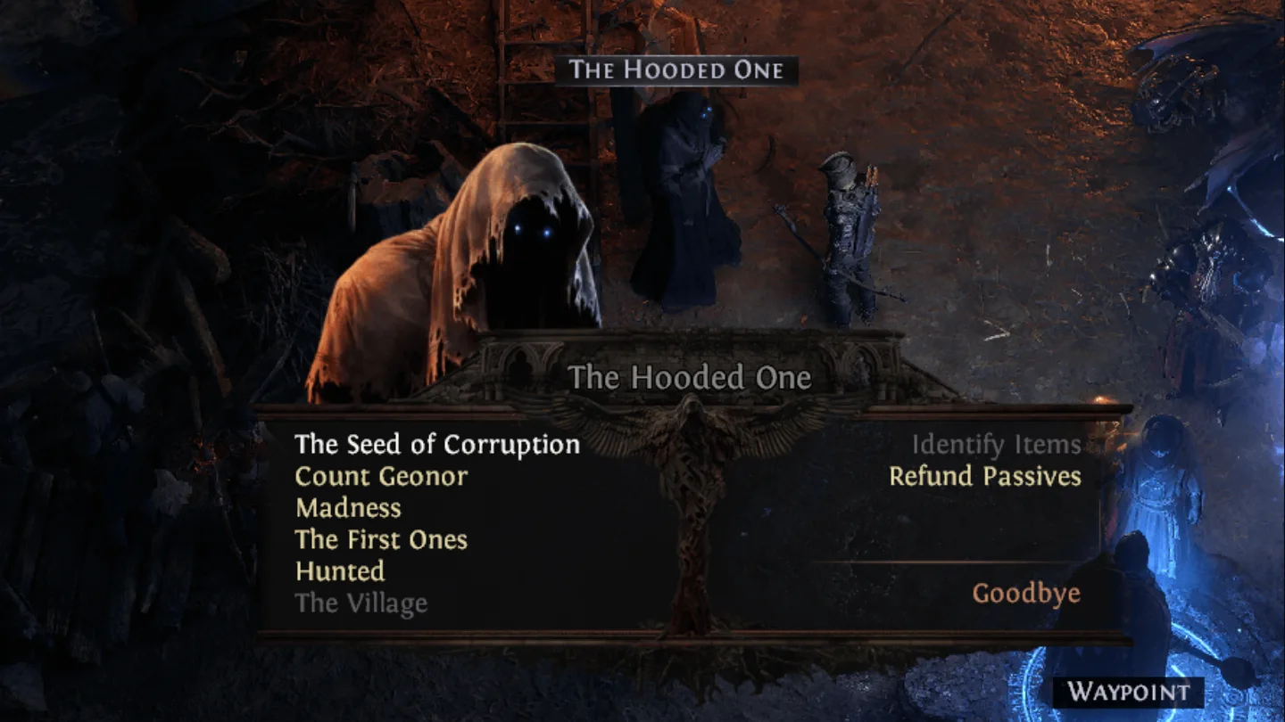The Hooded One dialogue with Refund Passives selected