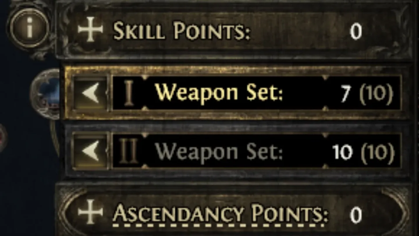 Skill gem panel with Set I / Set II assignment checkboxes